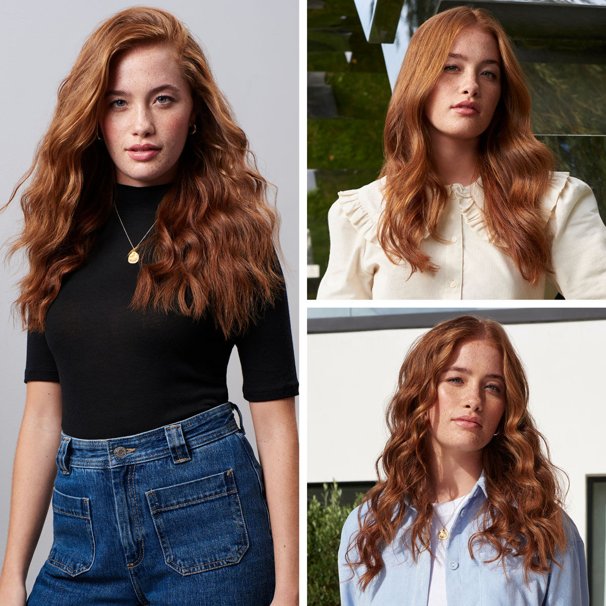 Montage showing model with hair styled in 3 different ways